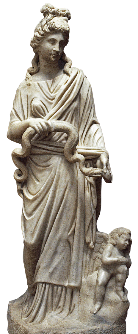 Escultura. Estátua de uma mulher em pé, vestindo uma longa túnica. Ela está com a cabeça inclinada para a direita, olhando para baixo. Segura nas mãos uma serpente. Próximo a seus pés uma figura humana em tamanho reduzido.