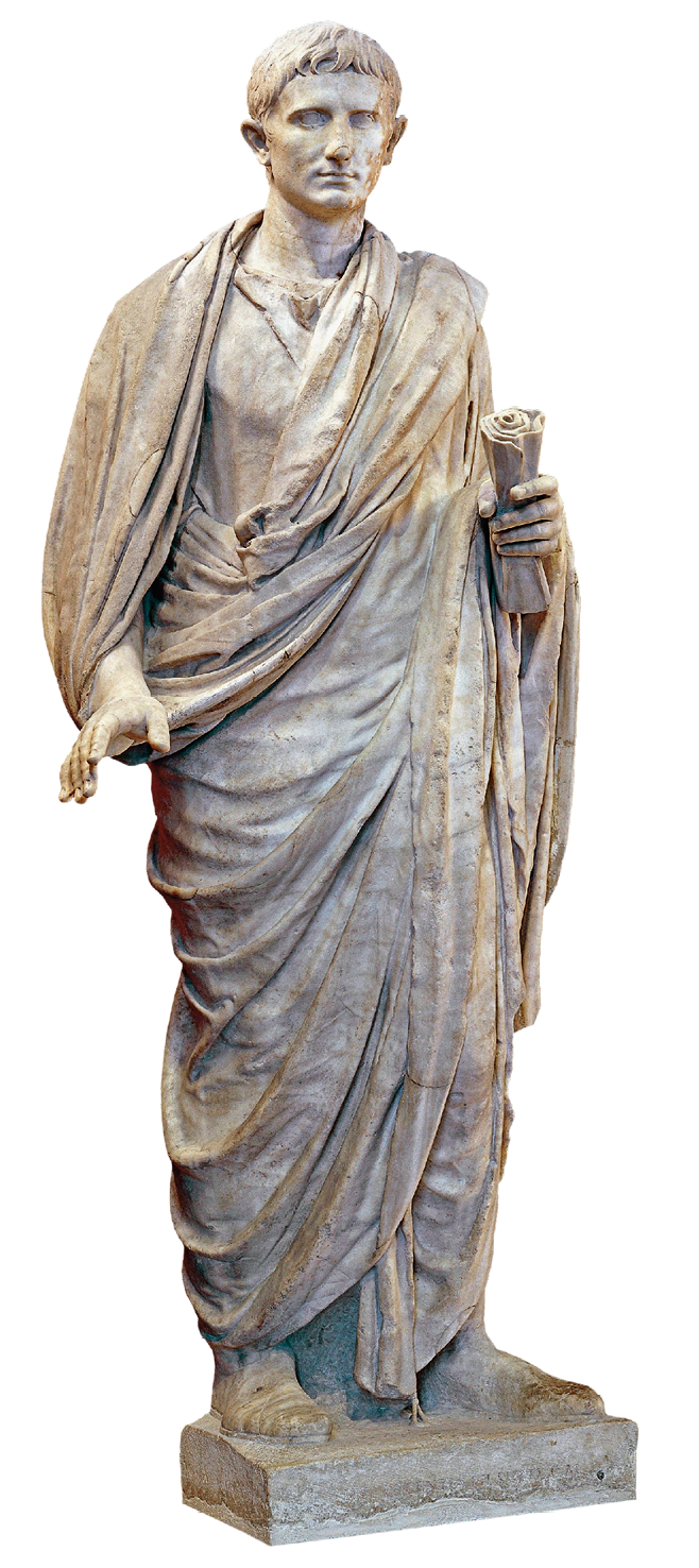 Escultura. Estátua de um homem de cabelos curtos e orelhas grandes. Está em pé com o corpo coberto por uma túnica. Em uma das mãos segura um papiro. A forma e as proporções do corpo são realistas.