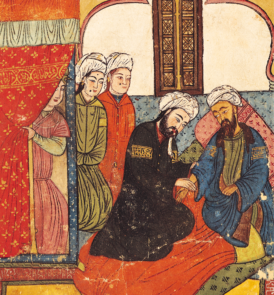 Ilustração. Cinco pessoas em um quarto. Ao centro, um homem de túnica preta e turbante branco na cabeça está sobre uma cama examinando o braço de um homem sentado. À esquerda, atrás do homem de túnica preta, três mulheres observam.