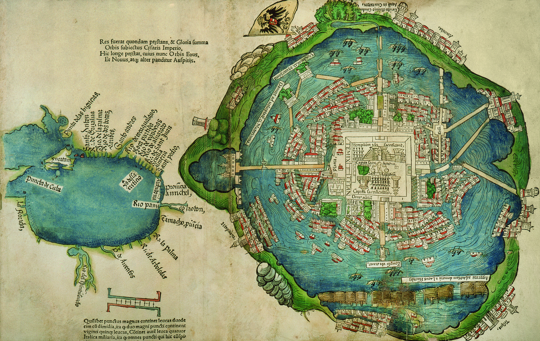 Ilustração. Mapa antigo. À esquerda, o Golfo do México, representado por uma porção de água com área verde nas margens. Muitos nomes estão escritos ao redor. À direita, Tenochtitlán, estruturada circularmente no meio de uma grande porção de água, com apenas algumas passagens para a porção maior de terra.
