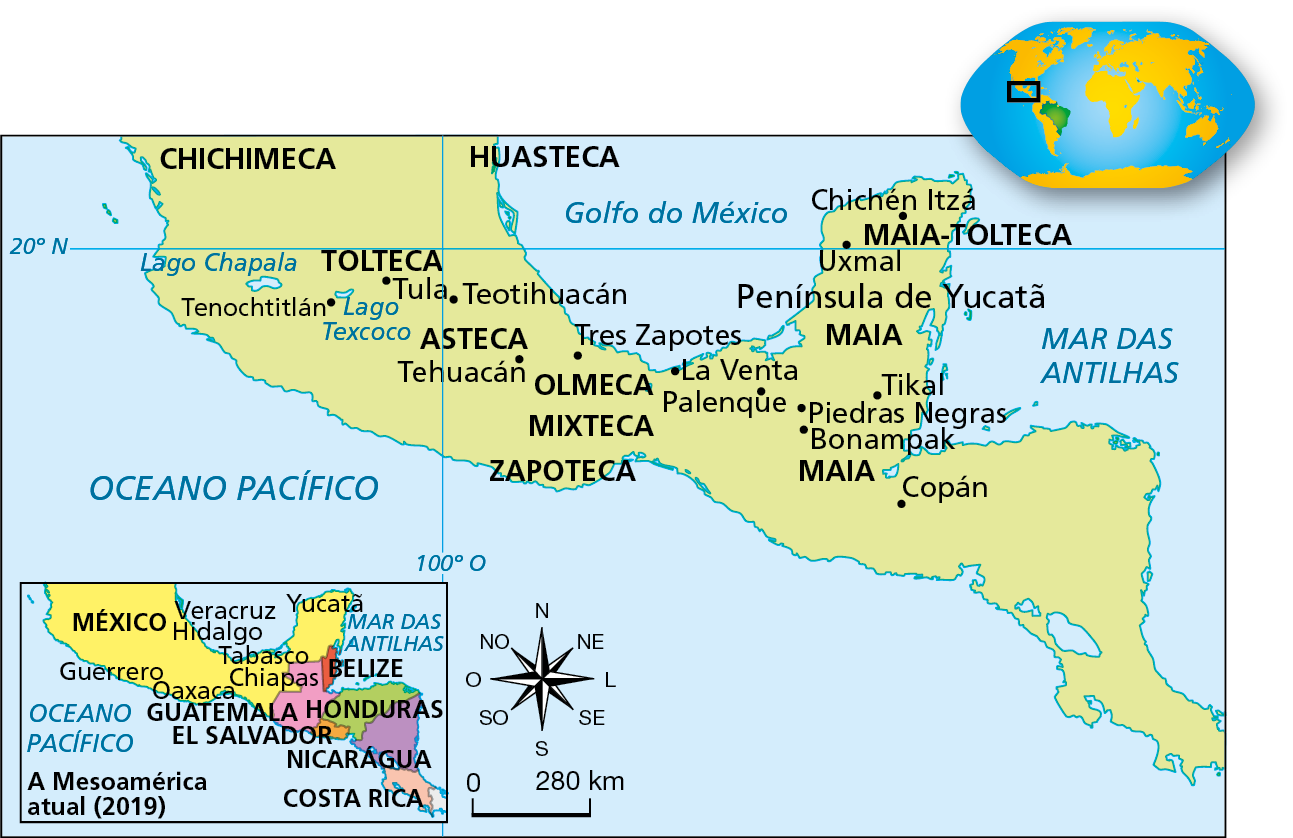 Mapa. Civilizações da Mesoamérica. Destaque para a região da Mesoamérica, no mapa principal, e para os países onde ela está localizada na atualidade, no mapa em detalhe.
O mapa em detalhe, A Mesoamérica atual (2019), está no canto inferior esquerdo do mapa principal e apresenta a divisão política atual da região da Mesoamérica, abrangendo o México, parcialmente, Belize, Honduras, Guatemala, El Salvador, Nicarágua e Costa Rica. 
No mapa principal, na área correspondente ao atual México, do norte para o sul e do oeste para o leste, foram indicadas as civilizações: Chichimeca, Huasteca, Tolteca, Asteca, Olmeca, Mixteca. Zapoteca, Maia-Tolteca e Maia, além das cidades de Tenochtitlán, Tula, Teotihuacán, Tehuacán, Três Zapotes, La Venta, Palenque, Chichén Itzá e Uxmal. Na área correspondente à Guatemala, a civilização Maia e as cidades de Tikal, Piedras Negras e Bonampak. Na área correspondente a Honduras, a cidade de Copán.
No centro do mapa principal, rosa dos ventos e escala de 0 a 280 quilômetros.