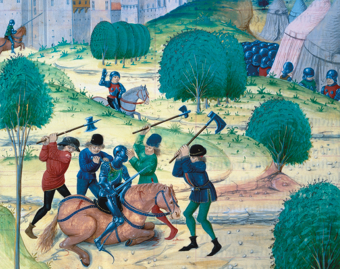 Iluminura. Em primeiro plano, pessoas com machados nas mãos atacando um cavaleiro de armadura que está em cima de um cavalo. O cavalo está machucado. Ao fundo, à esquerda, as muralhas de um castelo e, à direita, outros cavaleiros em meio a árvores e tendas.