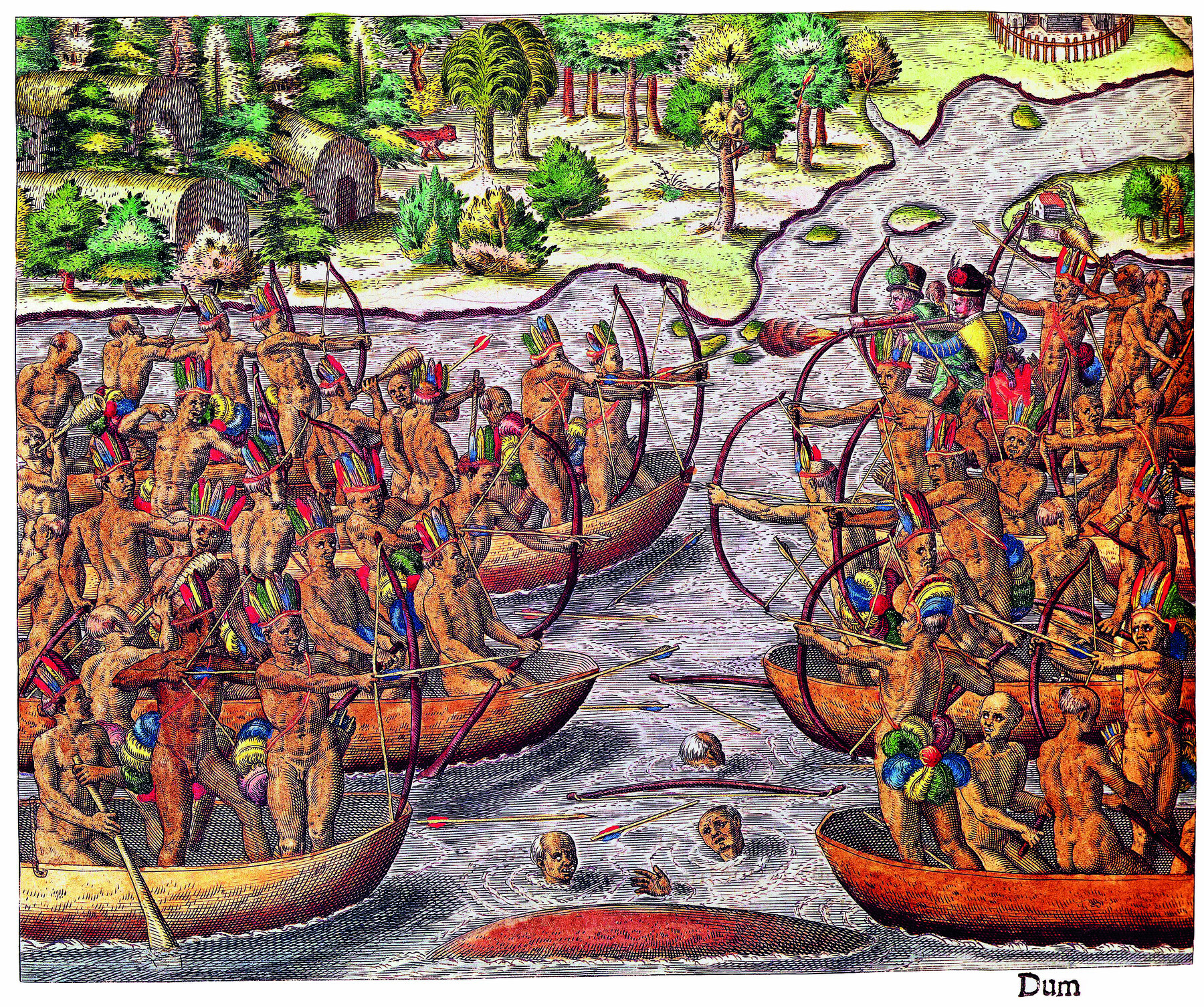 Gravura. Dois grupos de pessoas indígenas em uma batalha no rio. Elas estão agrupadas em canoas. A maioria tem arco e flecha. Alguns corpos estão boiando no rio.