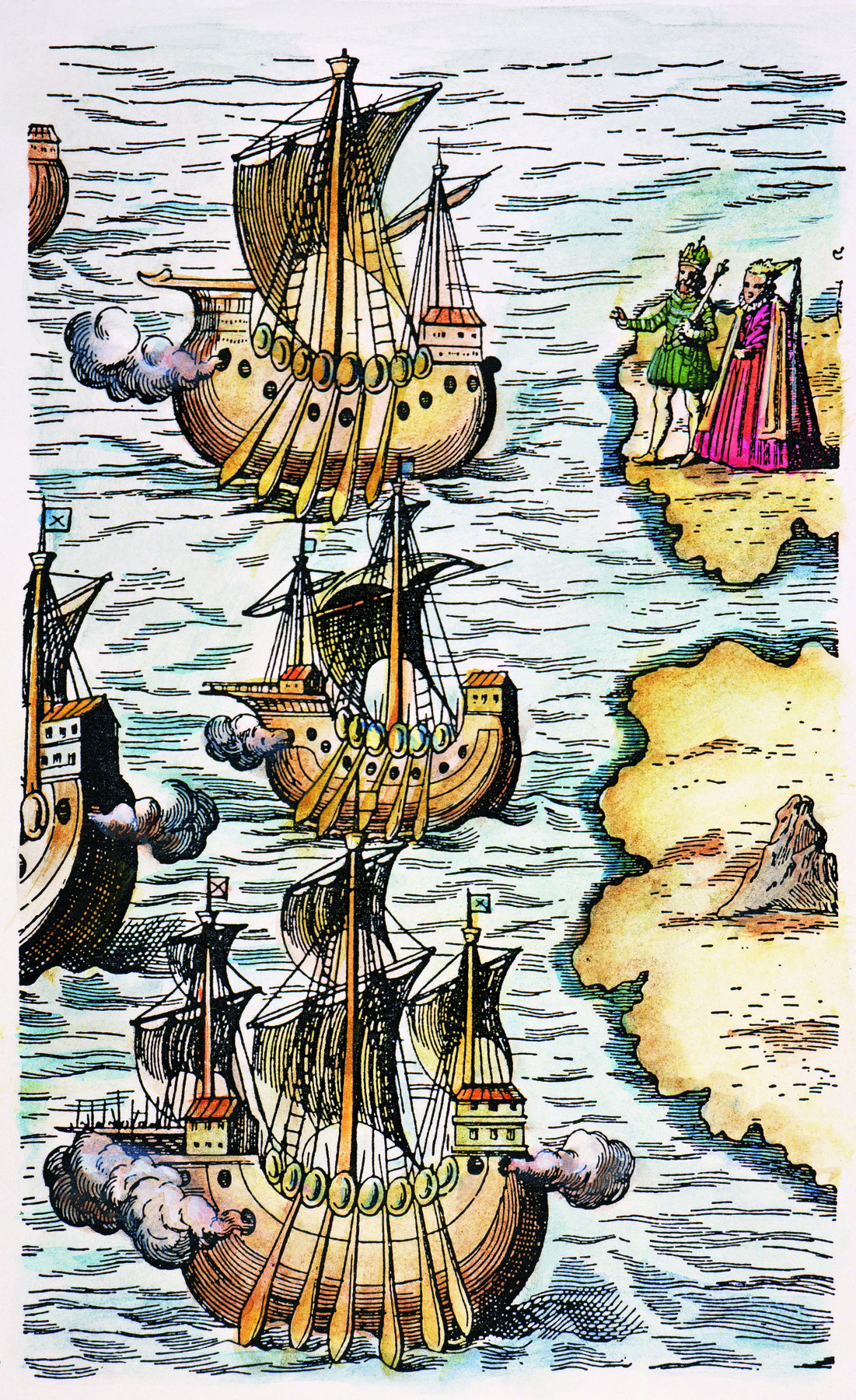 Gravura. À direita, um rei e uma rainha em terra. Eles acenam para embarcações no mar, à esquerda.