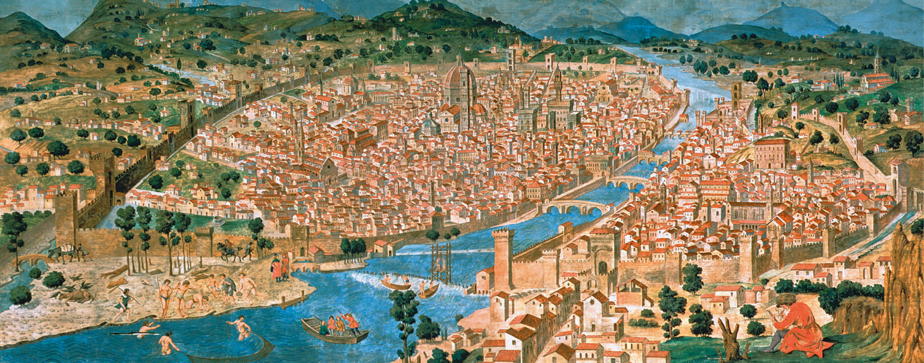 Pintura. Vista aérea de Florença, grande cidade nas margens de um longo rio. À frente, pessoas se banhando no rio e pequenas embarcações. No centro, diversas construções no interior da cidade e pontes interligando os dois lados do território. Ao fundo, montanhas e árvores.