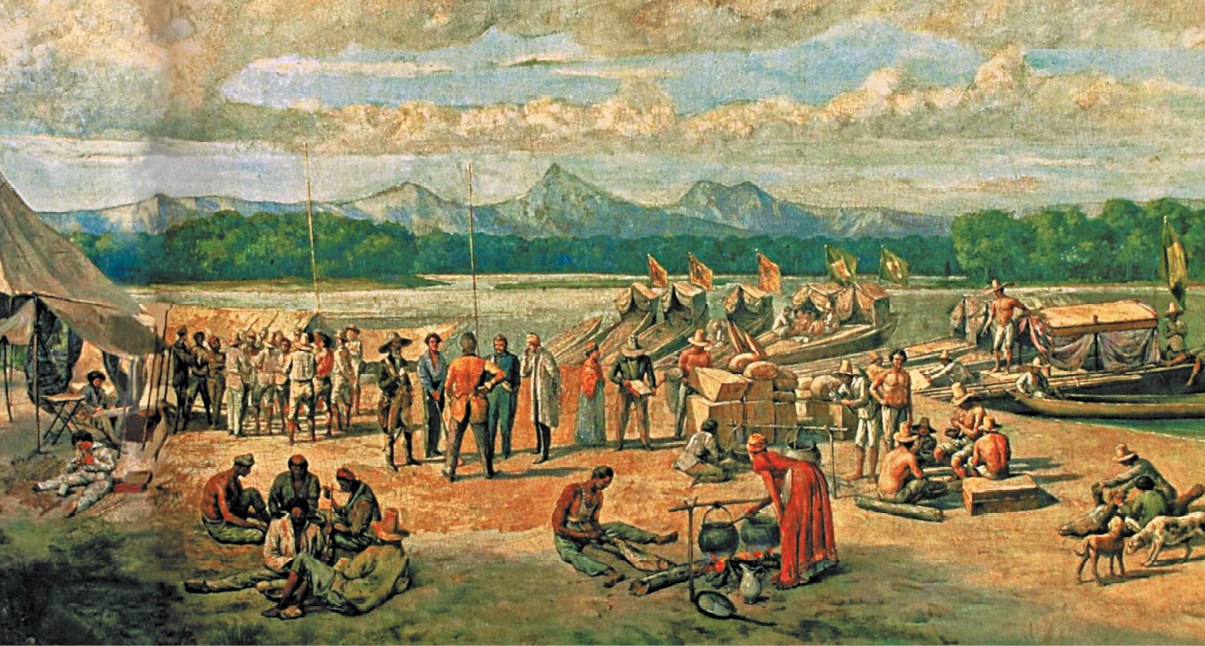 Pintura. À esquerda grupos de diversos homens. Alguns estão sentados, outros estão em pé. À direita, uma mulher cozinha em uma panela sobre uma fogueira. Ao fundo, pequenos barcos atracados.