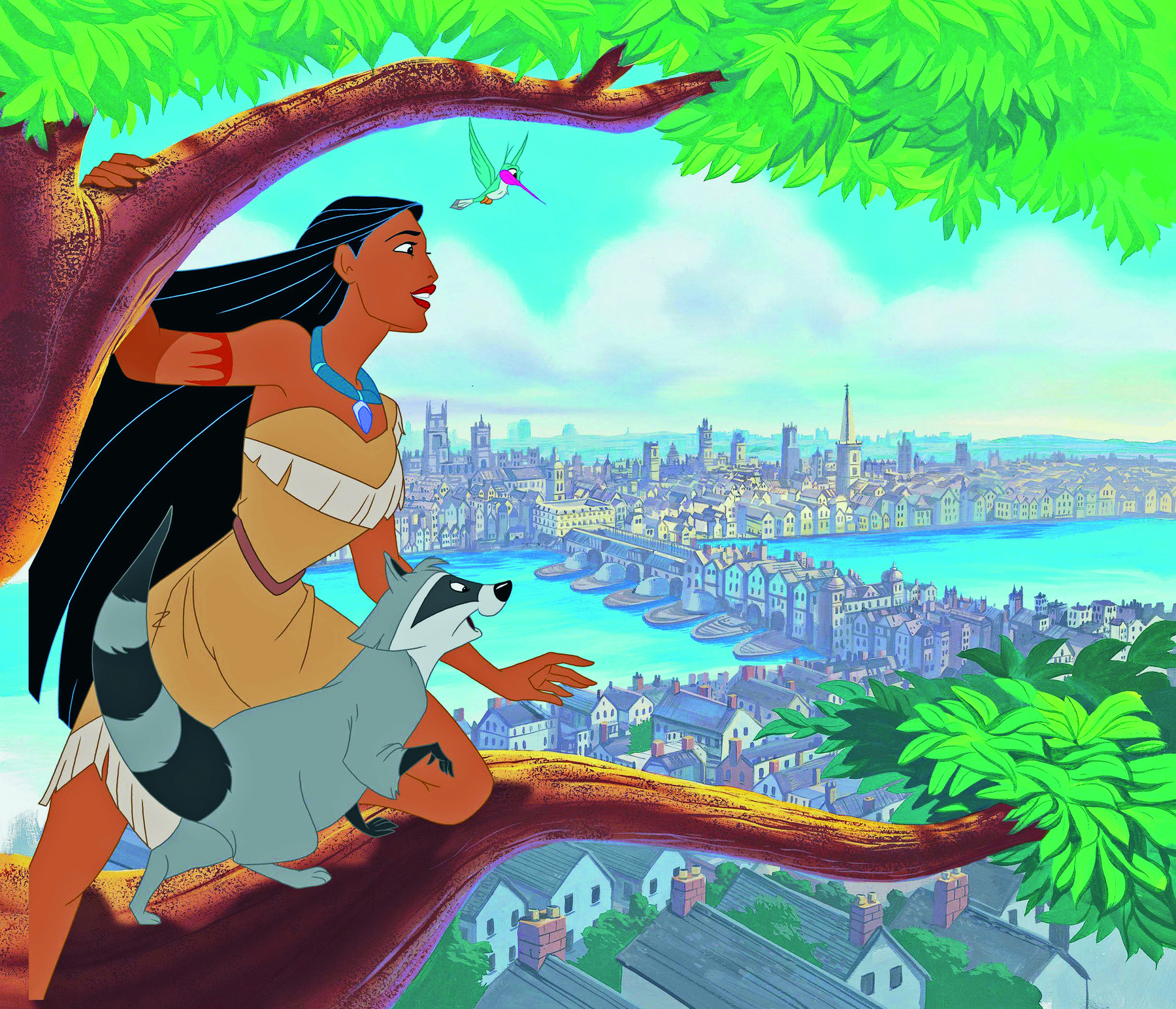 Cena do filme. Ilustração de mulher indígena, de cabelos escuros e longos, usando vestido bege e colar azul. Está sobre um galho de árvore ao lado de um guaxinim. Próximo a eles, um beija-flor. Todos observam uma grande cidade ao fundo, pela qual passa um grande rio.
