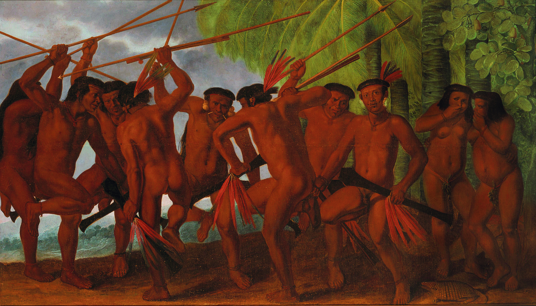 Pintura. Homens indígenas nus reunidos com lanças na mão. Estão com o corpo inclinado para frente, realizando uma dança. À direita, mulheres indígenas observam a dança.