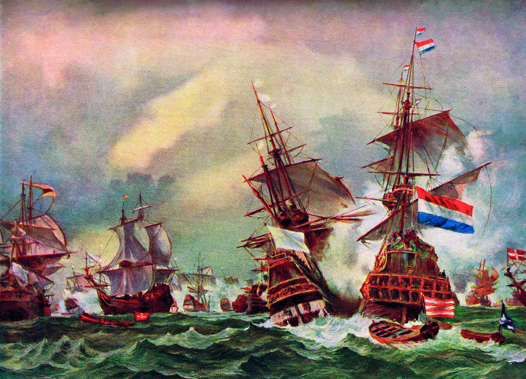 Pintura. Grandes navios no mar agitado, com ondas. Um deles carrega bandeiras da Holanda. No canto direito, pequenos barcos vazios boiando.
