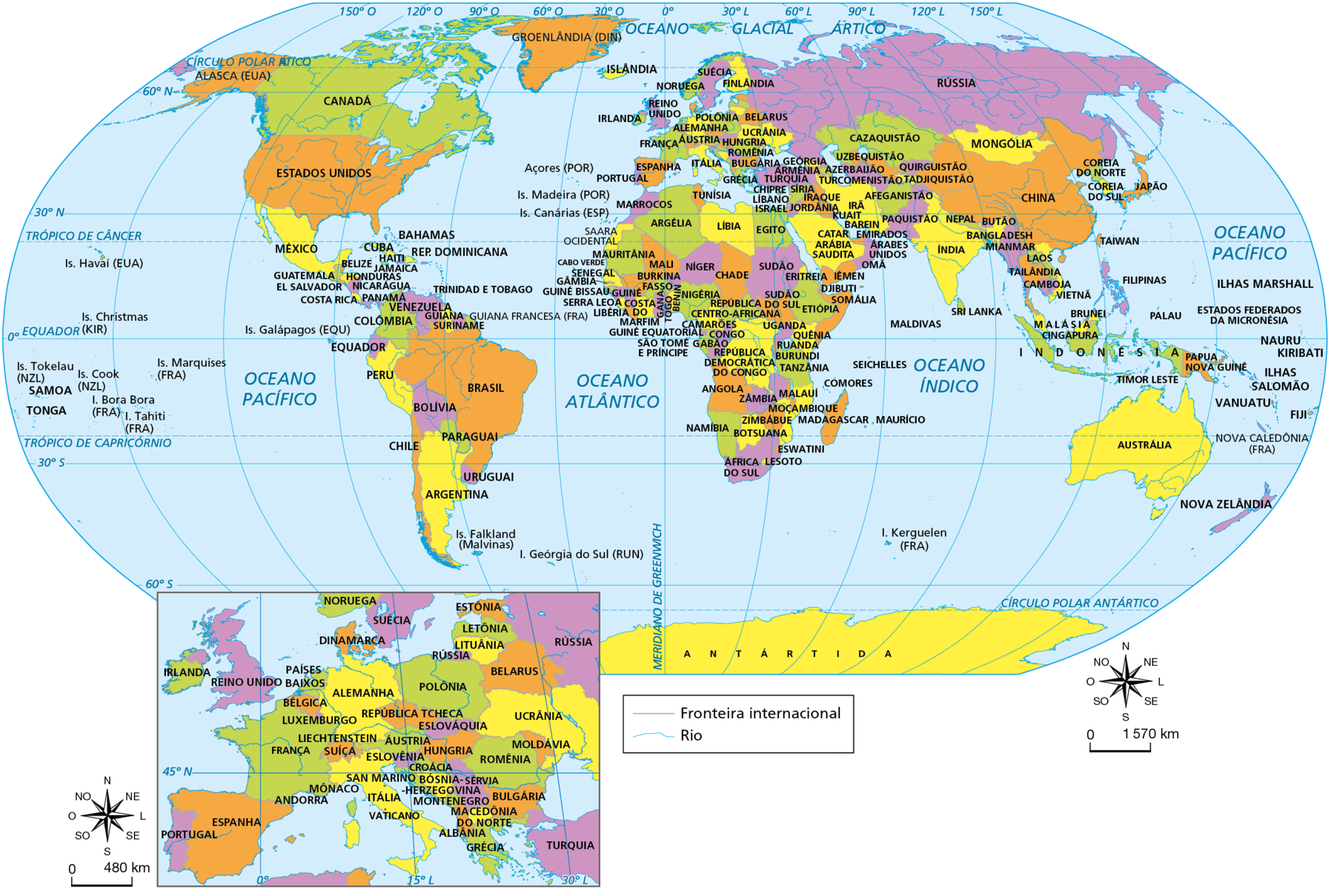 Mapa. Planisfério político. 
Ilhas do Havaí (Estados Unidos), Ilhas Christmas (Austrália), Ilhas Tokelau (Nova Zelândia), SAMOA, TONGA, Ilhas Cook (Nova Zelândia), Ilha Tahiti (França), Ilha Bora Bora (França), Ilhas Marquises, Ilhas Galápagos (Equador), ANTÁRTIDA, Alasca (Estados Unidos), Groenlândia (Dinamarca), CANADÁ, ESTADOS UNIDOS, MÉXICO, BAHAMAS, CUBA, JAMAICA HAITI, REPÚBLICA DOMINICANA, BELIZE, GUATEMALA, HONDURAS, EL SALVADOR, NICARÁGUA, COSTA RICA, TRINIDAD E TOBAGO, PANAMÁ, VENEZUELA, GUIANA, Guiana Francesa (França), SURINAME, COLÔMBIA, EQUADOR, PERU, BRASIL, BOLÍVIA, PARAGUAI, CHILE, URUGUAI, ARGENTINA, Ilhas Falkland (Malvinas), Ilha Geórgia do Sul (Reino Unido). 
Açores (Portugal), Ilhas Madeira (Portugal), Ilhas Canárias (Espanha), ISLÂNDIA, SUÉCIA, NORUEGA, FINLÂNDIA, DINAMARCA, REINO UNIDO, PAÍSES BAIXOS, BÉLGICA, LUXEMBURGO, LIECHTENSTEIN, SUÍÇA, IRLANDA, PORTUGAL, ESPANHA, FRANÇA, ANDORRA, MÔNACO, SAN MARINO, ITÁLIA, VATICANO, ESTÔNIA, LETÔNIA, LITUÂNIA, RÚSSIA, POLÔNIA, ALEMANHA, REPÚBLICA TCHECA, ÁUSTRIA, ESLOVÁQUIA, HUNGRIA, ESLOVÊNIA, CROÁCIA, BÓSNIA-HERZEGOVINA, SÉRVIA, MONTENEGRO, MACEDÔNIA DO NORTE, ALBÂNIA, GRÉCIA, TURQUIA, BULGÁRIA, ROMÊNIA, MOLDÁVIA, UCRÂNIA, BELARUS, CHIPRE, LÍBANO, ISRAEL, SÍRIA, IRAQUE, JORDÂNIA, KUAIT, BAREIN, CATAR, ARÁBIA SAUDITA, IÊMEM, OMÃ, EMIRADOS ÁRABES UNIDOS, IRÃ, AFEGANISTÃO, GEÓRGIA, ARMÊNIA, AZERBAIJÃO, TURCOMENISTÃO, CAZAQUISTÃO, UZBEQUISTÃO, QUIRGUISTÃO, TADJIQUISTÃO, PAQUISTÃO, ÍNDIA, MALDIVAS, SRI LANKA, NEPAL, BUTÃO, BANGLADESH, MIANMAR, LAOS, TAILÂNDIA, CAMBOJA, VIETNÃ, CHINA, MONGÓLIA, COREIA DO NORTE, COREIA DO SUL, JAPÃO, TAIWAN, FILIPINAS, PALAU, BRUNEI, MALÁSIA, CINGAPURA, INDONÉSIA, TIMOR LESTE, PAPUA NOVA GUINÉ, ILHAS MARSHALL, ESTADOS FEDERADOS DA MICRONÉSIA, NAURU, KIRIBATI, ILHAS SALOMÃO, VANUATU, FIJI, Nova Caledônia (França), AUSTRÁLIA, NOVA ZELÂNDIA, SAARA OCIDENTAL, MARROCOS, TUNÍSIA, MAURITÂNIA, ARGÉLIA, LÍBIA, EGITO, CABO VERDE, SENEGAL, GÂMBIA, GUINÉ BISSAU, MALI, NÍGER, CHADE, SUDÃO, ERITREIA, DJIBUTI, GUINÉ, SERRA LEOA, LIBÉRIA, COSTA DO MARFIM, BURKINA FASSO, GANA, TOGO, BENIM, NIGÉRIA, GUINÉ EQUATORIAL, SÃO TOMÉ E PRÍNCIPE, CAMARÕES, REPÚBLICA CENTRO AFRICANA, GABÃO, CONGO, REPÚBLICA DEMOCRÁTICA DO CONGO, SUDÃO DO SUL, UGANDA, ETIÓPIA, SOMÁLIA, QUÊNIA, RUANDA, BURUNDI, TANZÂNIA, ANGOLA, ZÂMBIA, MALAUÍ, COMORES, SEICHELLS, NAMÍBIA, ZIMBABUE, BOTSUANA, MOÇAMBIQUE, MADAGASCAR, MAURÍCIO, ESWATINI, ÁFRICA DO SUL, LESOTO, Ilha Kerguelen (França). 
No canto inferior direito, rosa dos ventos e escala de zero a 1.570 quilômetros.
No canto inferior esquerdo, destaque para os países da Europa, com respectiva