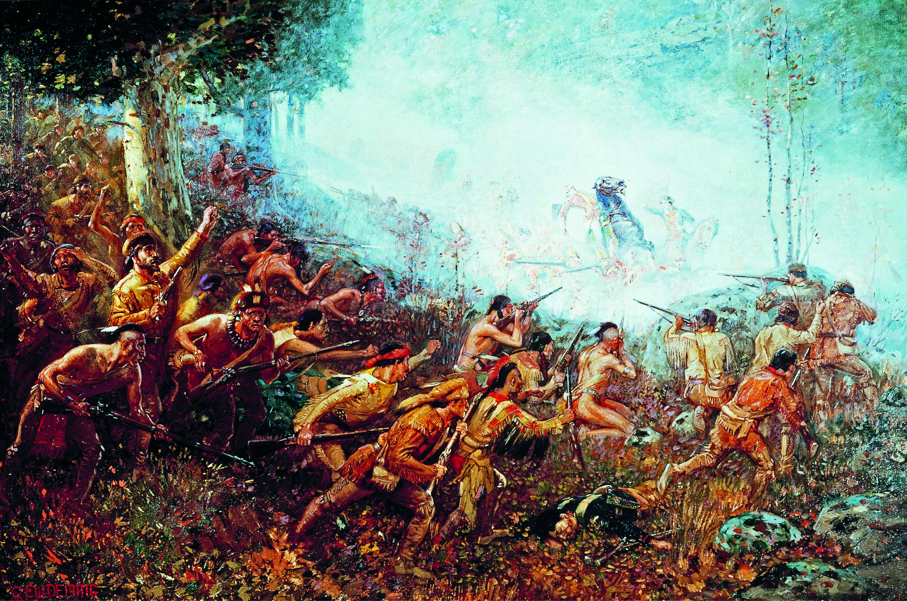 Pintura. Indígenas norte-americanos em batalha com armas de fogo. Alguns estão ajoelhados em meio ao mato. Ao fundo uma névoa densa e branca encobre soldados montados a cavalo.