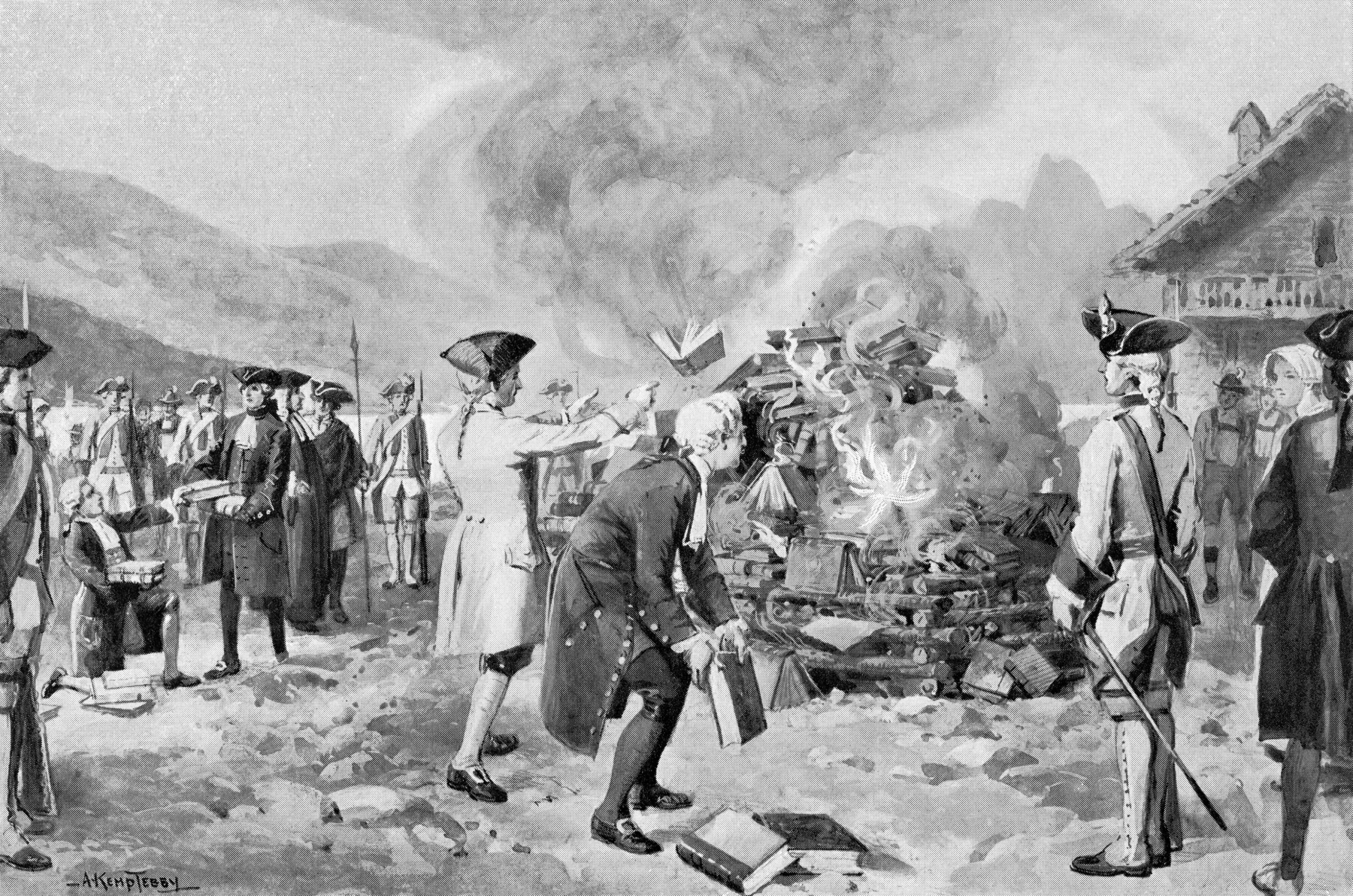 Ilustração em preto e branco. Homens de chapéu triangular e cabelo trançado, jogam livros em uma grande fogueira. Alguns homens carregam lanças. Ao redor da fogueira muita fumaça.