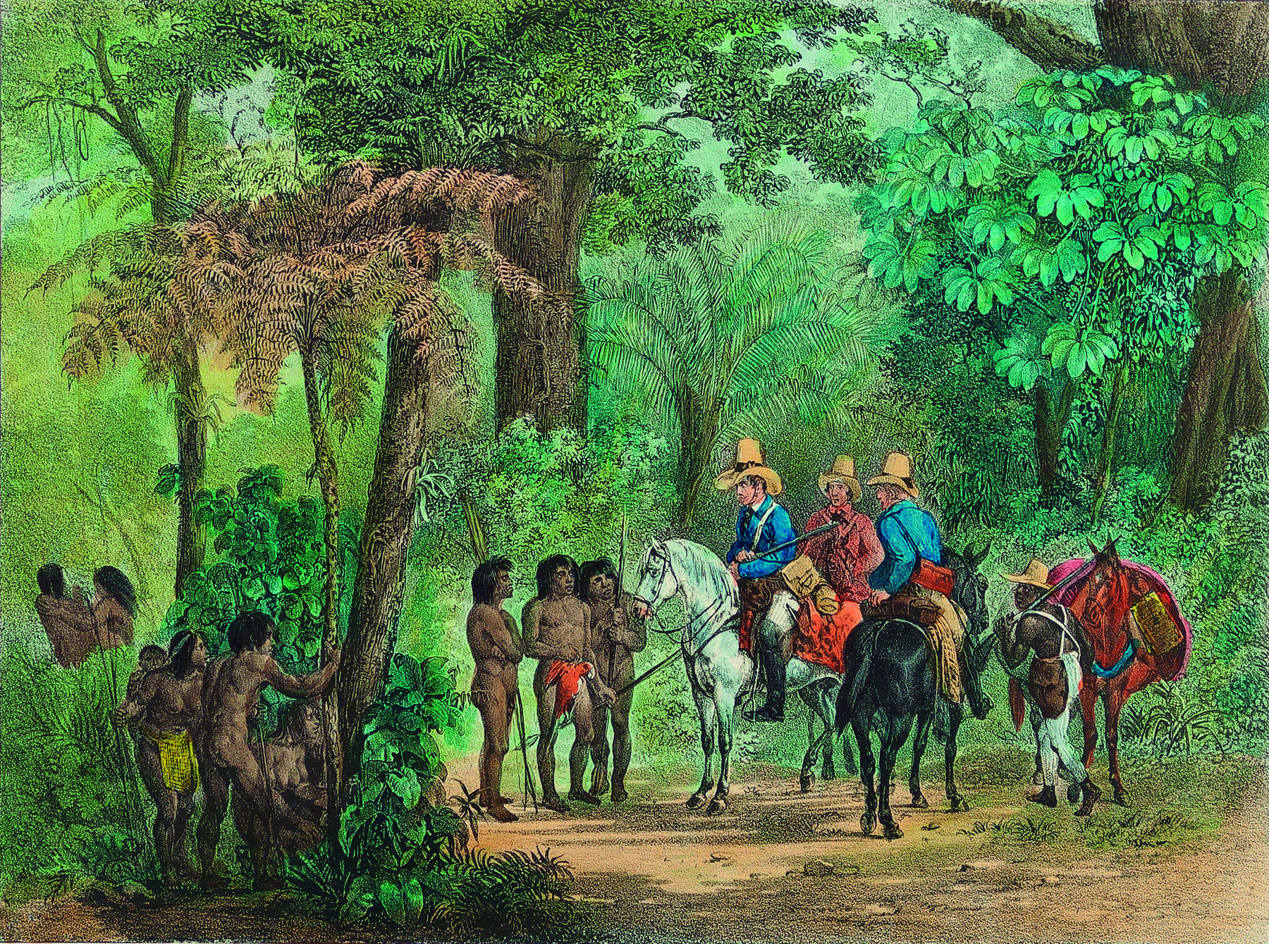 Litografia. Homens brancos a cavalo dentro de uma floresta densa. Eles usam chapéu, casaco, calças e botas até a altura dos joelhos, e carregam armas de fogo. Próximos a eles, um grupo de 3 homens indígenas portando lanças. Atrás das árvores, outros indígenas observam.