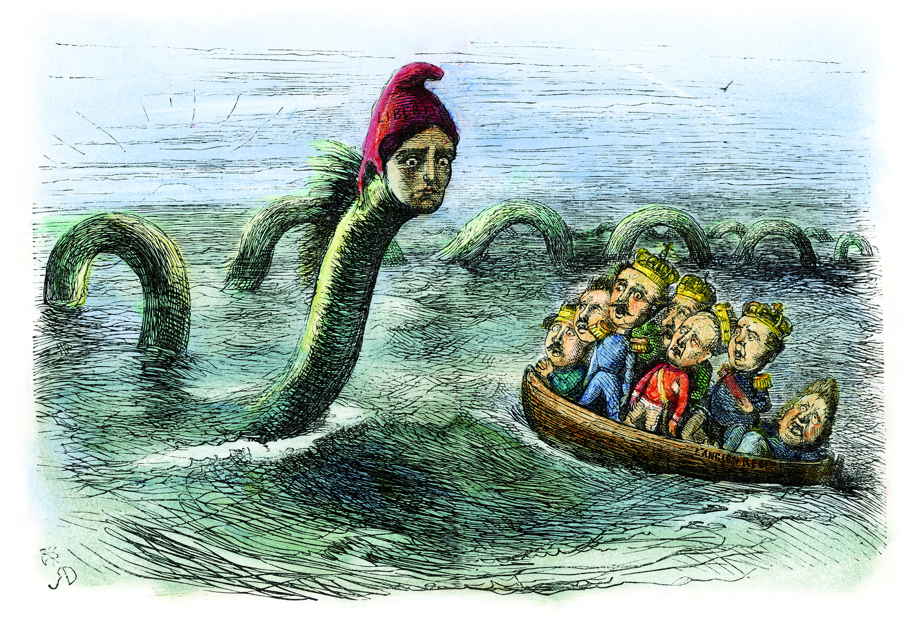 Imagem: Charge. Homens com coroas em uma pequena embarcação em alto mar. Eles olham boquiabertos para uma serpente marinha gigante. Ela tem o rosto de uma pessoa, lábios pequenos, olhos arregalados e um gorro vermelho. Fim da imagem.
