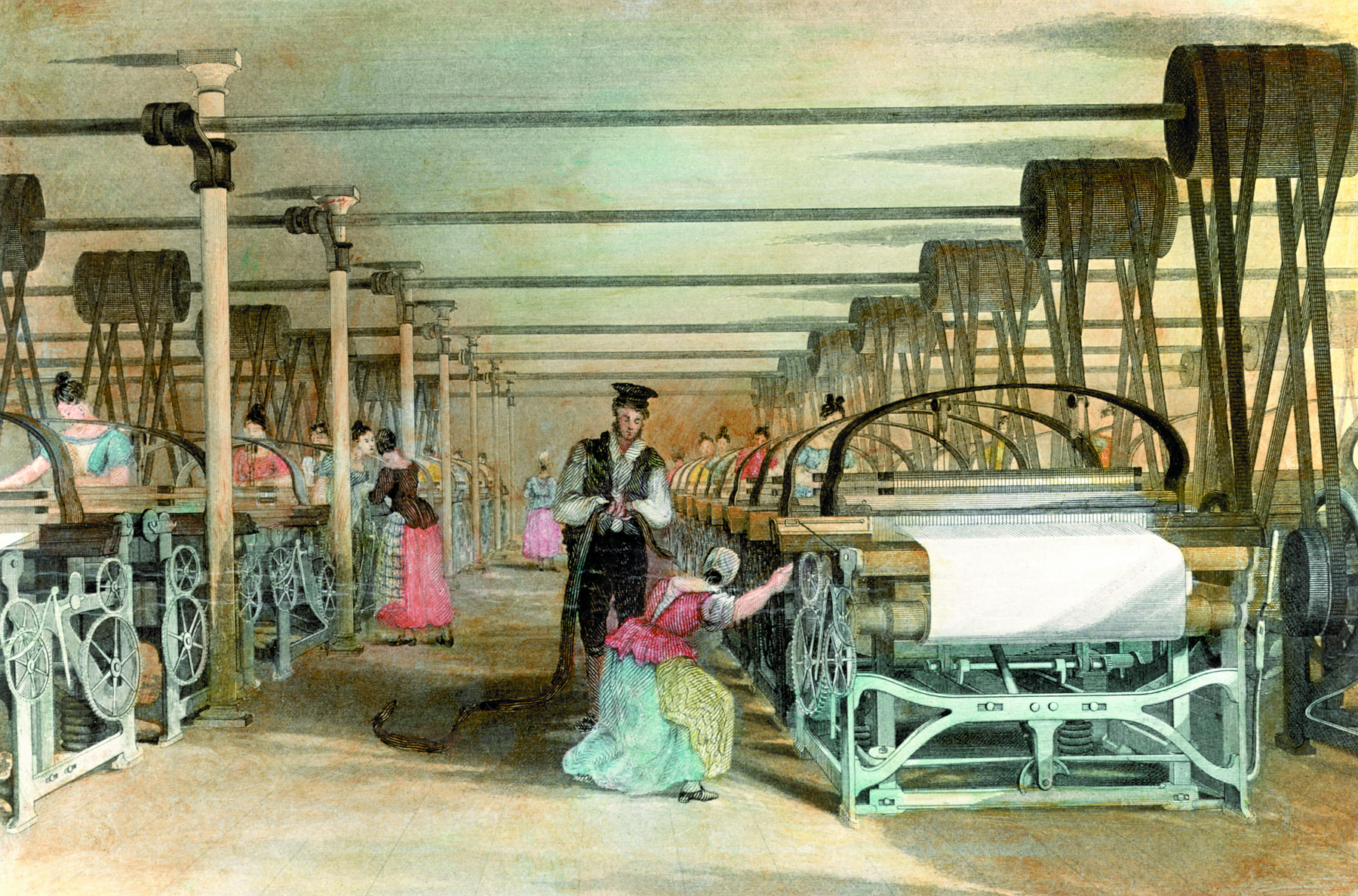 Gravura. Mulheres trabalhando em uma tecelagem. Grandes máquinas com tecidos estão alinhadas em duas filas, uma de cada lado da gravura. Em cada máquina, uma mulher. À frente, uma mulher está abaixada ao lado da máquina. Perto dela, um homem em pé.