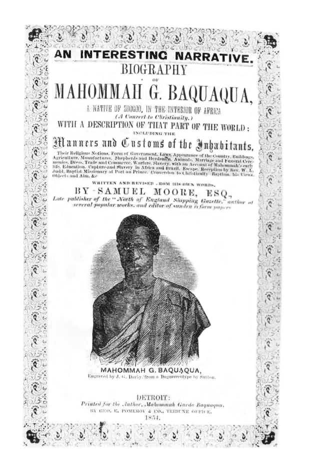 Fotografia. Página de livro em preto e branco. Na parte superior um título e textos em inglês. Embaixo, a ilustração de um homem negro.