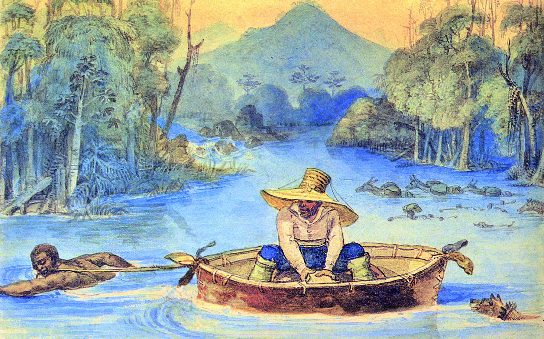 Gravura. Homem de chapéu grande, camisa, calça azul e botas está sentado dentro de uma embarcação oval, semelhante a um grande cesto. Um homem negro está nadando no rio, puxando a embarcação através de uma corda na boca. Ao fundo, um rio e vegetação densa.