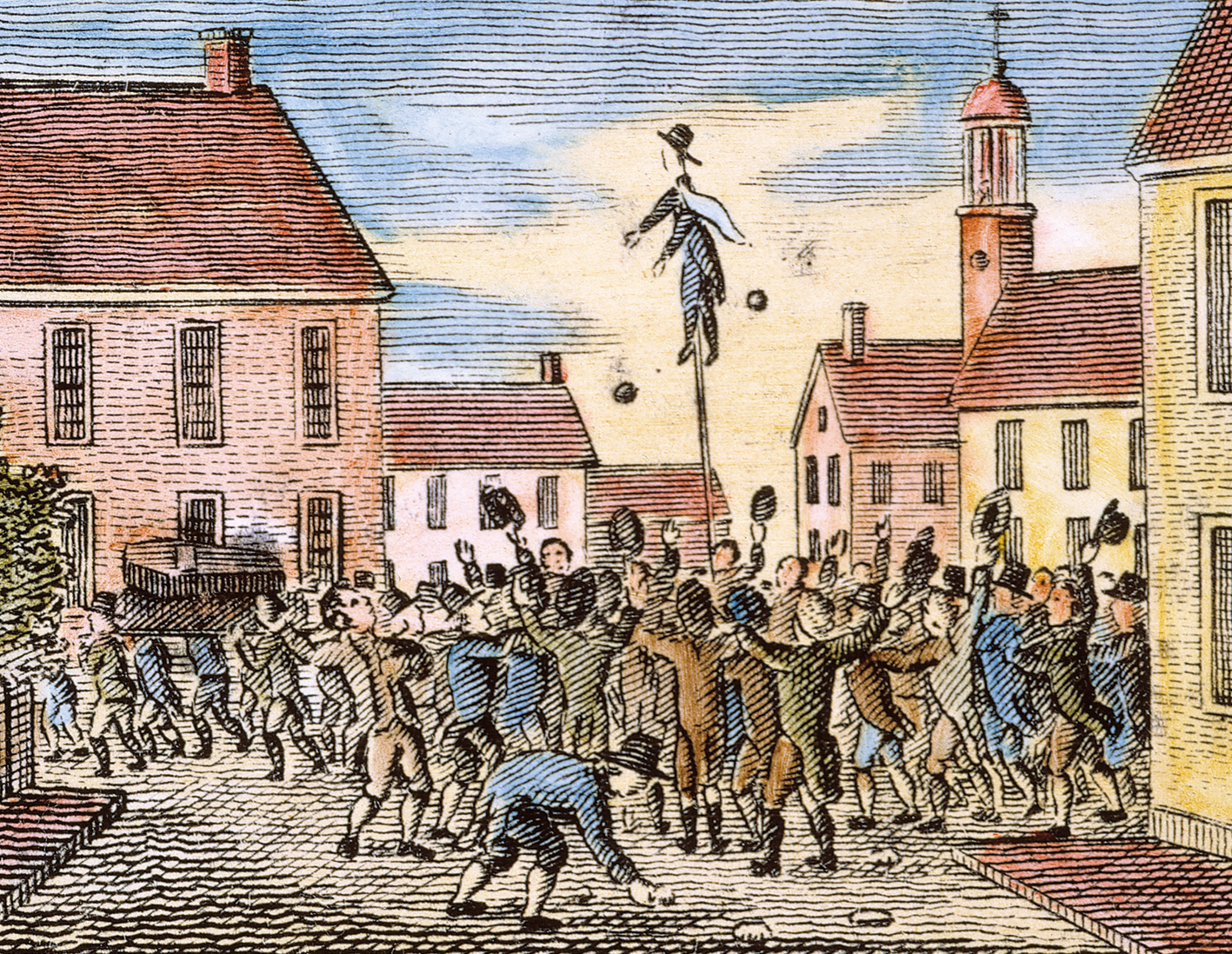 Gravura. Pessoas aglomeradas em uma rua. Os homens estão erguendo seus chapéus. Ao centro, um boneco é exibido no alto de um mastro. Objetos são lançados na sua direção. Ao redor, muitas casas.