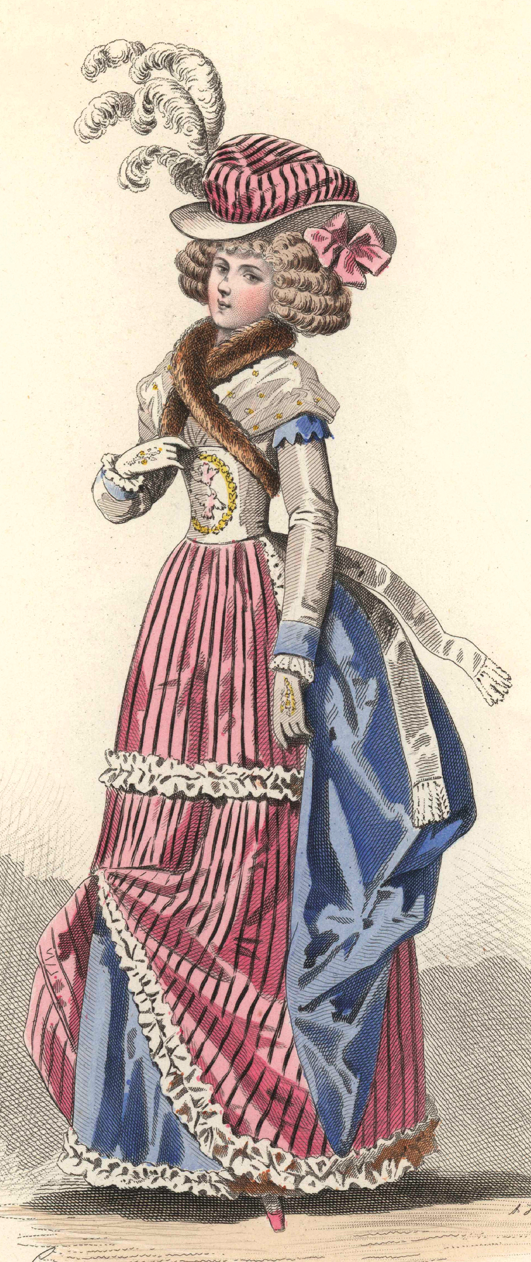Ilustração. Mulher de vestido longo. Ela tem o rosto rosado e cabelos ondulados. Usa um chapéu de aba branca e detalhes vermelhos. O vestido tem três cores: a parte de cima tem mangas compridas, é branca e está justa ao corpo; e a parte de baixo é azul e vermelha.