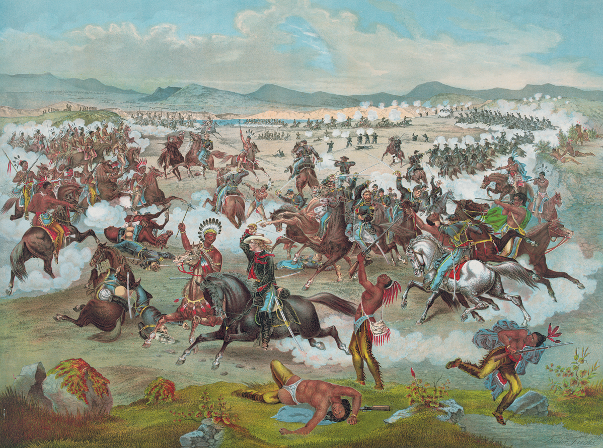 Gravura. Batalha entre colonos e indígenas. A maioria dos combatentes está montada a cavalo. À frente, alguns corpos de indígenas caídos. Ao redor da batalha, muita fumaça. Ao fundo, montanhas e o céu nublado.