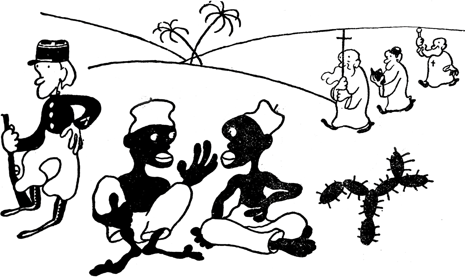 Caricatura em preto e branco. Duas pessoas negras sentadas ao lado de um cacto. À esquerda, um soldado branco de calça branca, blusa e chapéu escuros, carregando uma arma. Ao fundo, três homens com vestes clericais caminham pelas dunas. Um deles carrega um grande crucifixo.