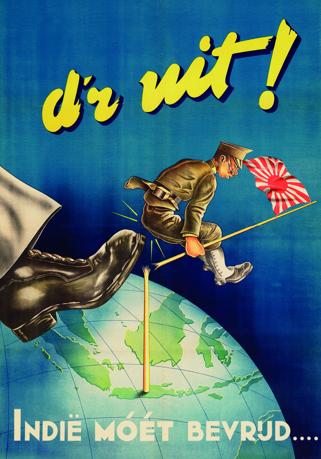 Cartaz. Ilustração de militar pendurado no mastro quebrado de uma bandeira do Império Japonês. Um grande pé o acerta por trás. O mastro está encaixado no globo terrestre. Em cima e embaixo, inscrições em holandês.