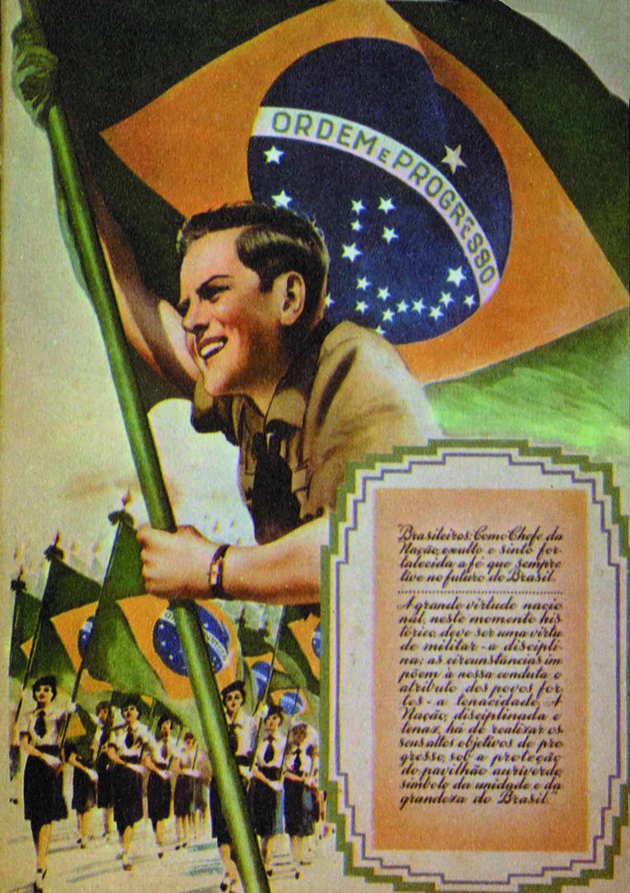 Ilustração. Jovem sorridente empunha um mastro com a bandeira do Brasil. Ao fundo, jovens de uniforme carregam mais bandeiras do Brasil. Ao lado, um quadro com texto escrito.