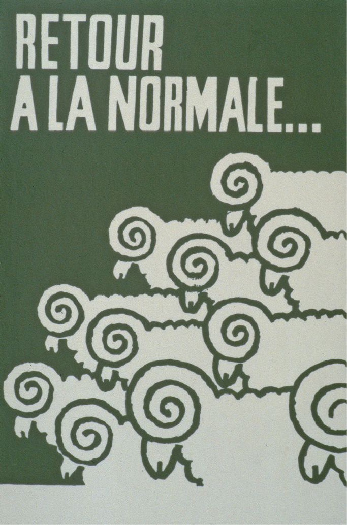Cartaz. Ilustração de ovelhas cabisbaixas voltadas para a esquerda. No topo do cartaz a informação: RETOUR A LA NORMALE...