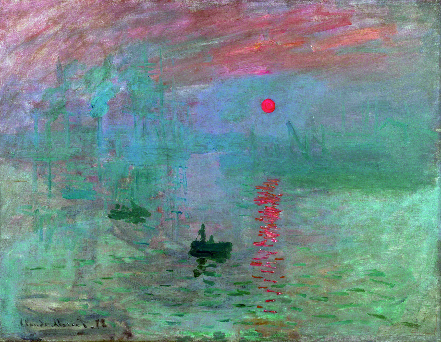 Pintura. Silhueta de pequenas embarcações em alto mar. Uma névoa clara encobre o céu avermelhado. O Sol vermelho está em destaque e seu brilho refletido no mar.