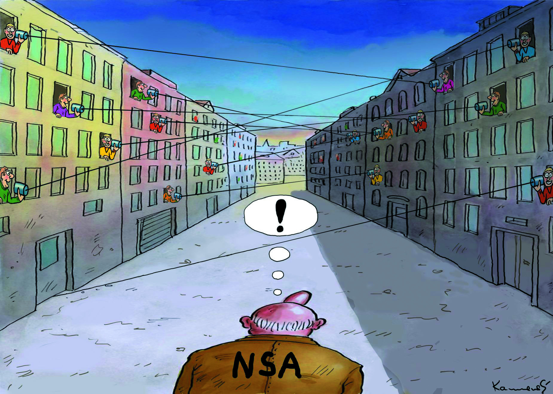 Charge. Senhor calvo com um casaco da NSA passando em uma rua vazia. Acima dele, um balão de pensamento com um ponto de exclamação. Nas janelas dos prédios, pessoas se comunicando por meio de latas interligadas por fios.