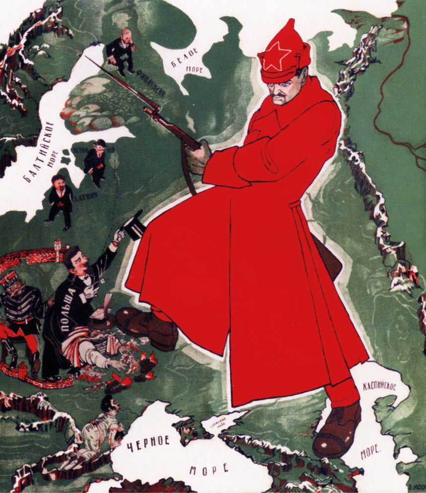 Pôster. Ilustração que representa Leon Trotsky, homem de sobretudo vermelho, botas. Usa um gorro vermelho com o contorno branco de uma estrela. Ele empunha uma arma. Está pisoteando pessoas em um mapa.