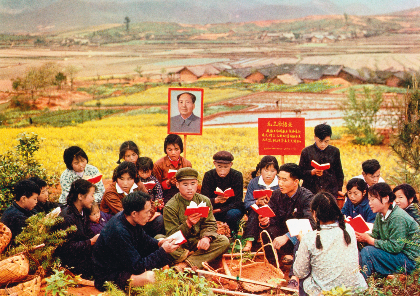 Fotografia. Jovens sentados em uma colina lendo um pequeno livro de capa vermelha. Atrás deles duas placas, uma com dizeres em chinês e outra com o retrato de Mao Tsé-tung, homem calvo de paletó cinza. Ao fundo plantações de arroz e outras plantações ao lado do vilarejo.
