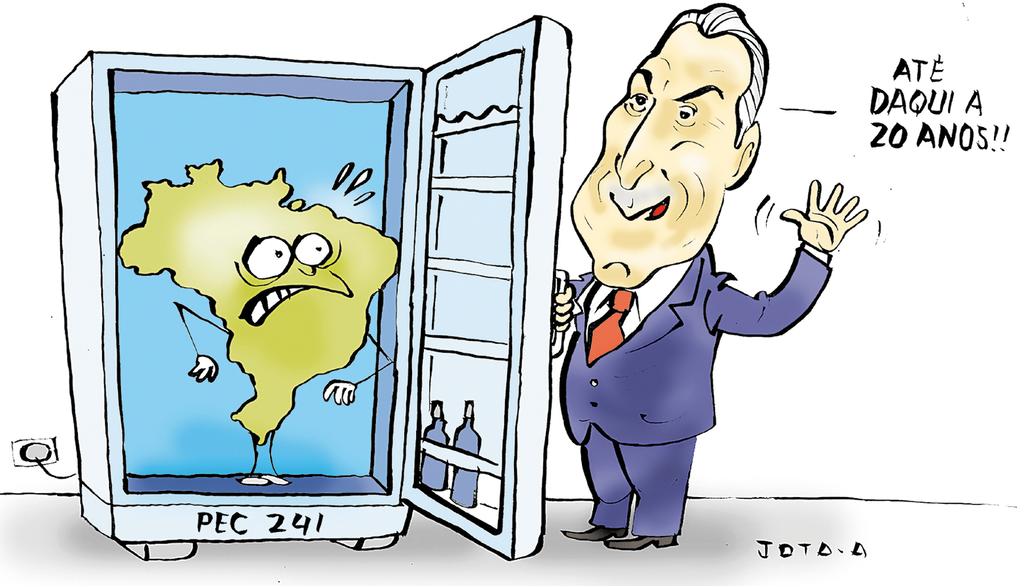 Charge. Dentro de uma geladeira denominada PEC 241, o mapa do Brasil assustado. Um homem de terno segurando a porta diz: ATÉ DAQUI A 20 ANOS!!