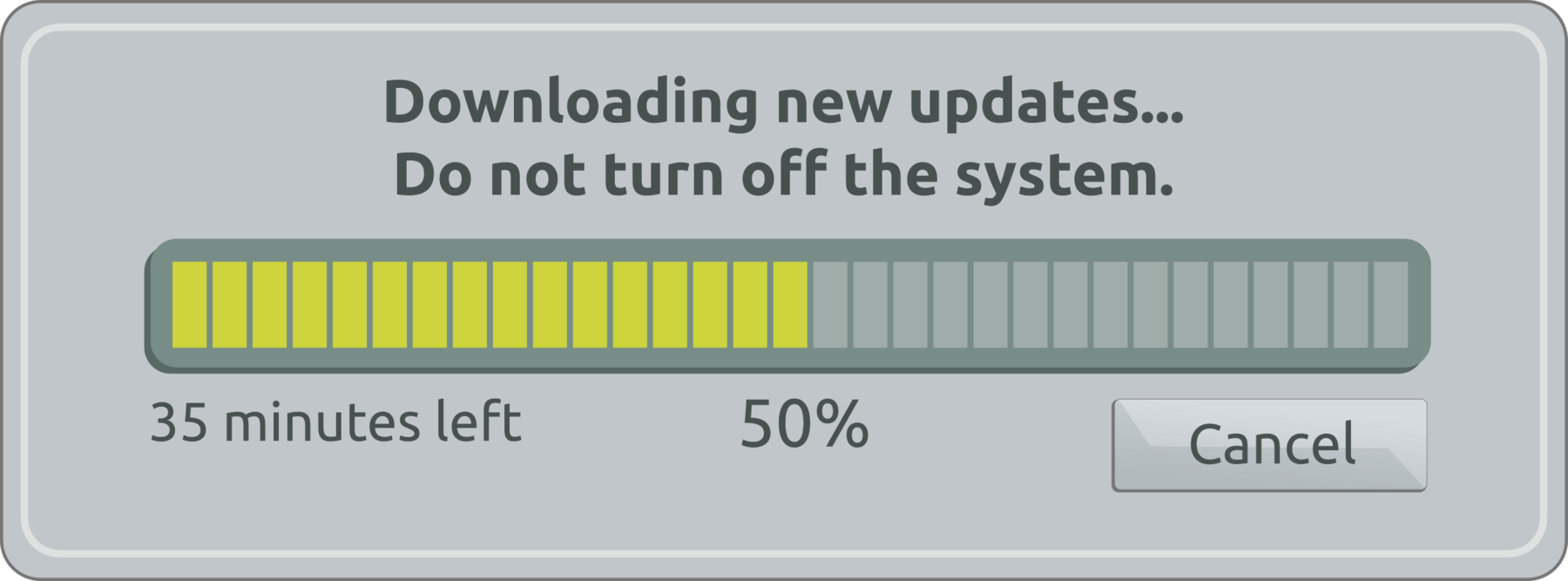 Ilustração. Uma barra na horizontal. Texto: Downloading new updates... Do not turn off the system. Abaixo, uma barra mostrando alguns pequenos retângulos. Metade destes retângulos estão pintados em amarelo, como se estivessem acesos, e a outra metade está em cinza, como se estivessem apagados. Abaixo, à esquerda, em amarelo: thirty-five minutes left. Ao centro: fifty percent e à direita, um botão com o texto: Cancel.