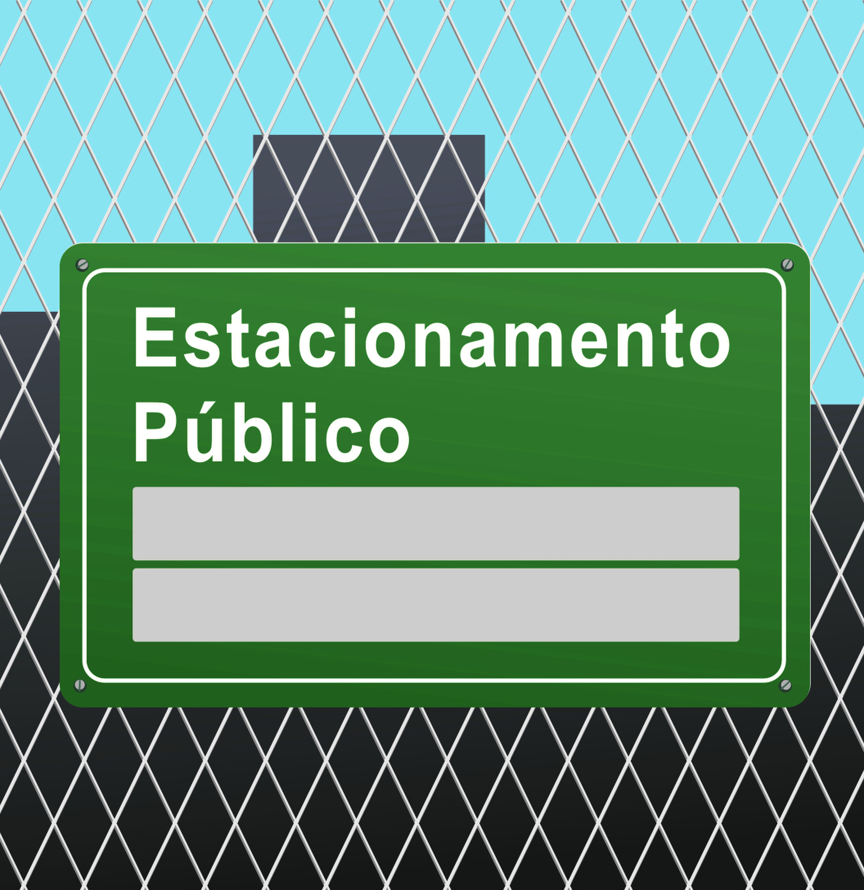 Ilustração. Grade em cinza, com placa pendurada em verde, com texto: Estacionamento Público. Espaço para resposta.