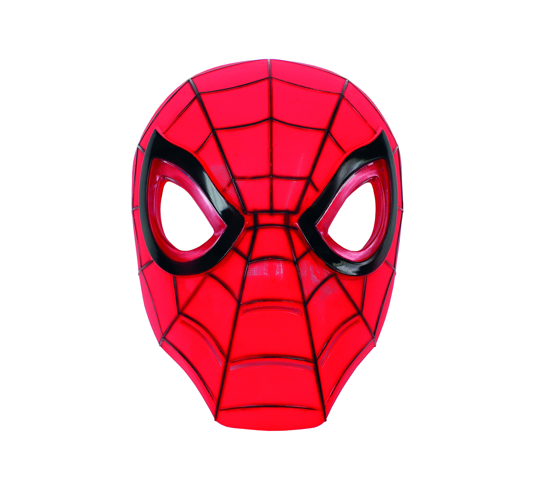 Fotografia. Uma máscara arredondada em vermelho, com linhas de teia de aranha em preto e olhos com o contorno da mesma cor.