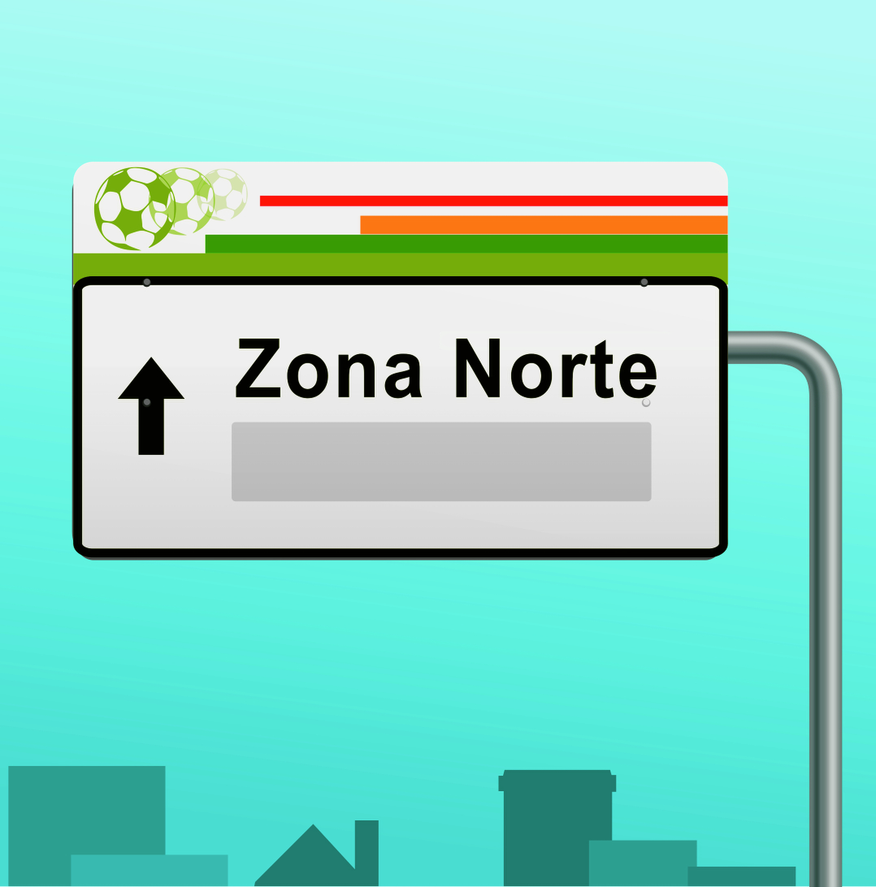 Ilustração. Placa cinza com seta para cima, bola de futebol em verde e listras à direita em laranja e verde. Texto: Zona norte. Espaço para resposta.
