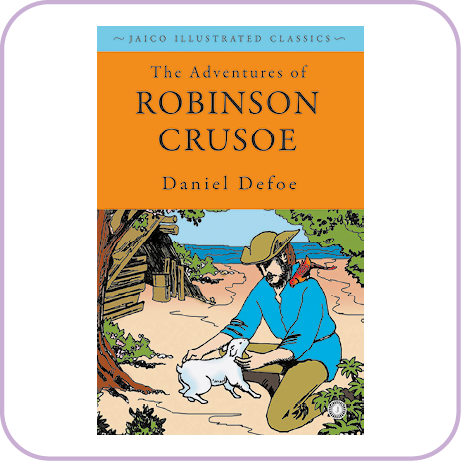 Capa de livro. Na parte de superior, há o texto: The Adventures of Robinson Crusoe. Abaixo, há uma ilustração de um homem de cabelos escuros, com blusa azul, chapéu e calça em marrom, agachado, com as mãos sobre um cachorro branco em local aberto. Solo arenoso, vegetação e mar ao fundo em azul.