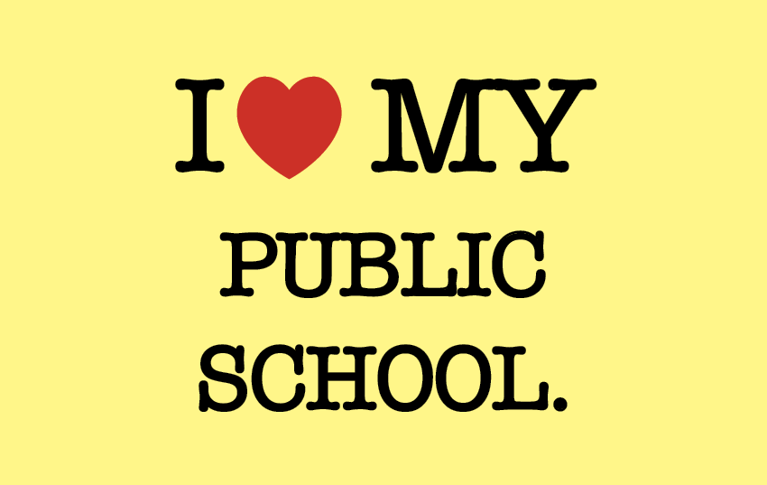 Ilustração. Fundo amarelo com texto: I (ícone de coração vermelho) MY PUBLIC SCHOOL.