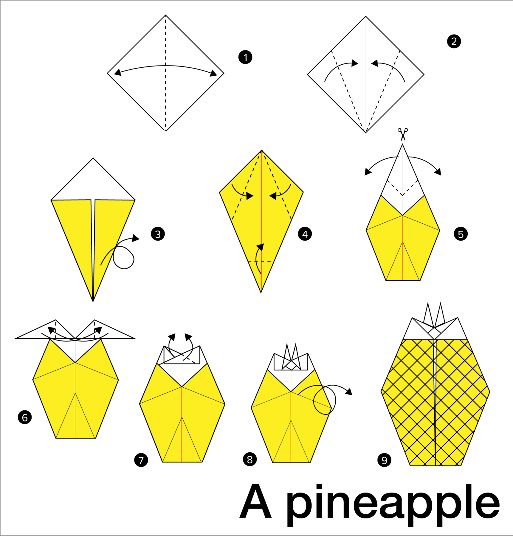 Ilustração. Instruções para criar uma dobradura com nove passos. Título no canto inferior direito: A pineapple. Um. Uma folha de papel quadrada, com as pontas voltadas para a parte superior e inferior. Há uma linha pontilhada ao centro indicando a dobra, com uma seta com duas pontas mostrando à esquerda e outra para a direita, indicando que o papel deve ser aberto após criar-se o vinco no meio. Dois. A folha de papel quadrada está na mesma posição e há duas linhas pontilhadas indicando que as pontas da esquerda e da direita devem ser dobradas e se encontrar no meio do quadrado, onde há um vinco. Três. A dobradura agora mostra um triângulo longo de ponta cabeça na cor amarela, que é a outra face do papel, e um triângulo menor e baixo na parte de cima, na cor branca, que é a face interna do papel. Uma seta que dá a volta em si mesma indica que a dobradura deve ser virada com a face para baixo. Quatro. A dobradura agora mostra a face amarela do papel. Duas setas, uma da esquerda e a direita e duas linhas pontilhadas formando um V invertido indicam que as pontas devem ser dobradas e se unir ao centro. Uma outra seta na ponta de baixo da dobradura indica que ela deve ser dobrada verticalmente para dentro, de acordo com uma linha pontilhada de cerca de um quinto do comprimento total da altura da dobradura. Cinco. A dobradura agora tem a ponta superior mais alongada, mostrando a parte interna do papel. Um ícone de tesoura no topo da ilustração indica um corte vertical no meio de cerca de um terço do comprimento da altura da dobradura. Duas setas apontando para a esquerda e para a direita indicam que após o corte as pontas devem ser dobradas para fora. Seis. A parte superior da dobradura ficou com dois triângulos, um à esquerda e outro à direita. Há linhas pontilhadas no meio desses dois triângulos indicando uma dobra bem no meio deles. Setas de fora para dentro indicam que as pontas devem ser dobradas para o centro, se sobrepondo. Sete. As pontas que foram dobradas no passo anterior e que se sobrepõem agora devem ser dobradas novamente, desta vez deixando as pontas apontadas para cima, formando dois picos que ficam lado a lado na parte de cima da dobradura. Oito. Uma seta em curva indica que a dobradura deve ser virada do avesso. Nove. Dobradura finalizada mostrando um tipo de hexágono comprido, onde no topo há quatro pontas, sendo duas delas maiores à esquerda e à direita, e duas menores e pontudas, lado a lado no centro e no topo da dobradura.