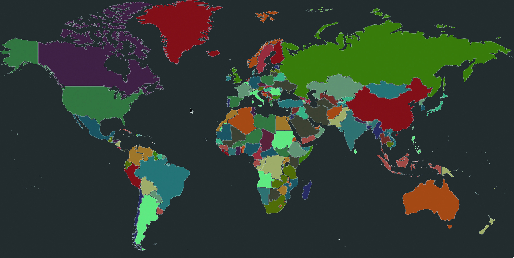 Ilustração. Mapa-múndi. Na horizontal com fundo cinza escuro, com os continentes e países coloridos. À esquerda, América do Norte, Central e do Sul. À direita, África, Europa e mais à direita, Ásia e abaixo dela, a Oceania.