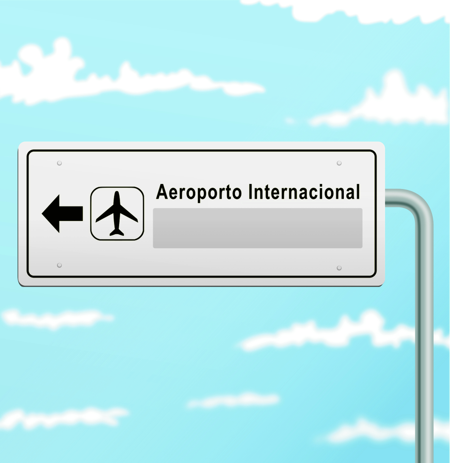 Ilustração. Placa de trânsito cinza indicando com seta para a esquerda, um avião em preto e texto: Aeroporto Internacional. Ao fundo, céu em azul com nuvens brancas. Espaço para resposta.