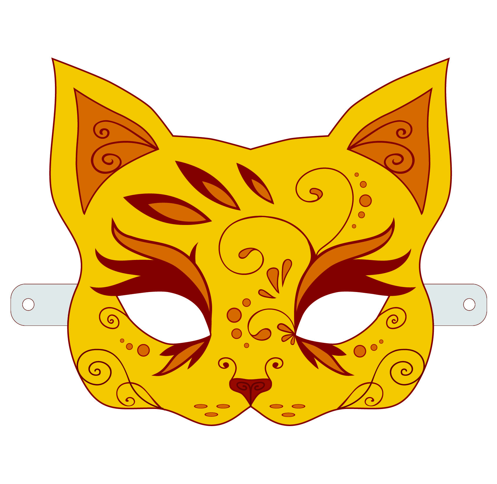 Ilustração. Uma máscara com o formato de um gato em amarelo, decorada com traços e formas em laranja, visto do focinho para cima. As orelhas são pontudas, de tamanho médio e com estampas em marrom
