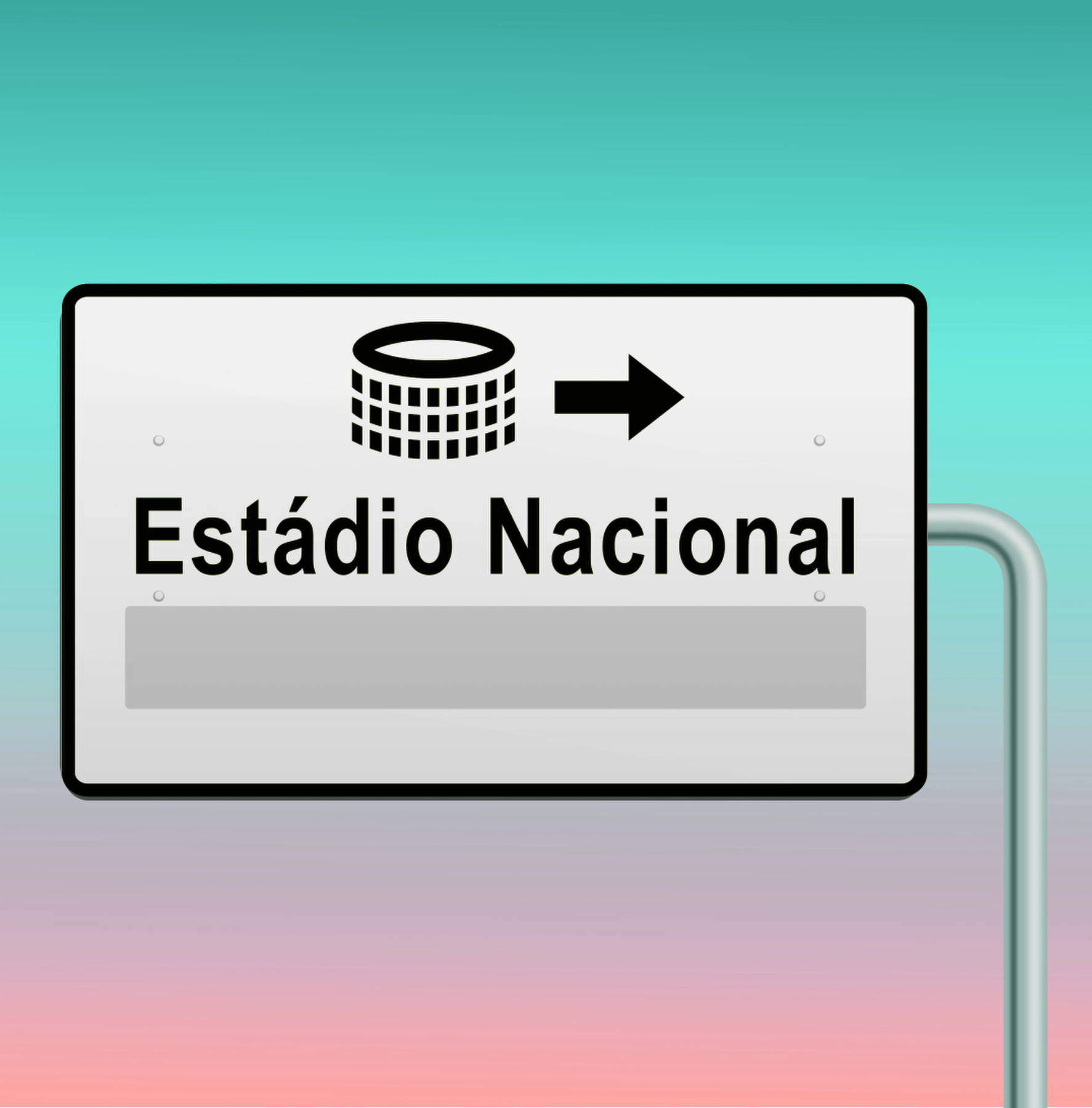Ilustração. Placa de trânsito cinza indicando com seta para a direita um ícone de estádio em preto com o texto: Estádio Nacional. Na parte inferior, espaço para resposta.