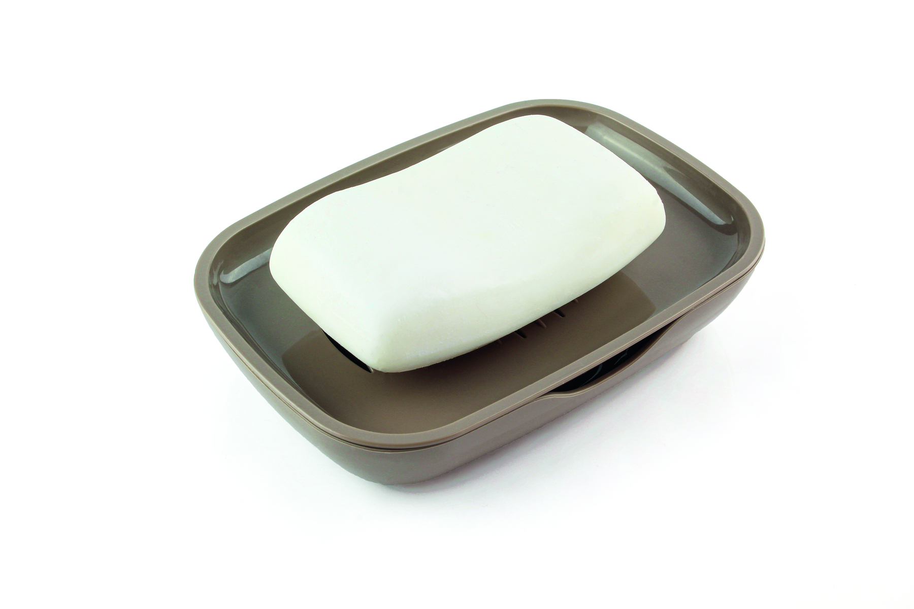 Fotografia. Uma saboneteira cinza com um sabão branco na horizontal, em cima.
