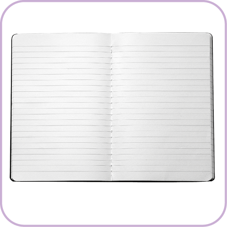 Fotografia. Um caderno aberto com folhas brancas e pautas: linhas finas na horizontal.