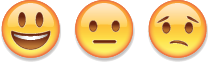 Ilustração. Três emojis de cabeça em amarelo com rosto. Um emoji, de olhos abertos e boca bem aberta sorrindo. Outro emoji, de olhos abertos e boca fechada em formato reto na horizontal. O último emoji, de olhos abertos, sobrancelhas para baixo e boca para baixo.