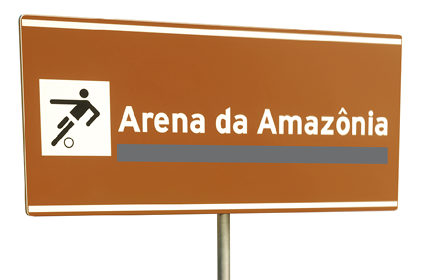 Ilustração um. Uma placa em marrom na horizontal, com ícone de uma pessoa correndo em preto com fundo em branco: Arena da Amazônia.