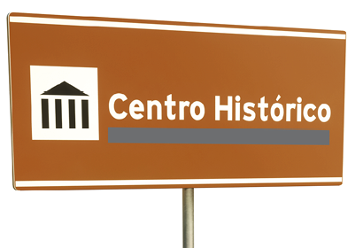Placa dois: ícone de uma construção antiga e o texto: Centro Histórico.