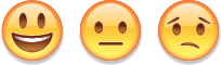 Ilustração. Três emojis de cabeça em amarelo com rosto. Um emoji, de olhos abertos e boca bem aberta sorrindo. Outro emoji, de olhos abertos e boca fechada em formato reto na horizontal. O último emoji, de olhos abertos, sobrancelhas para baixo e boca para baixo.